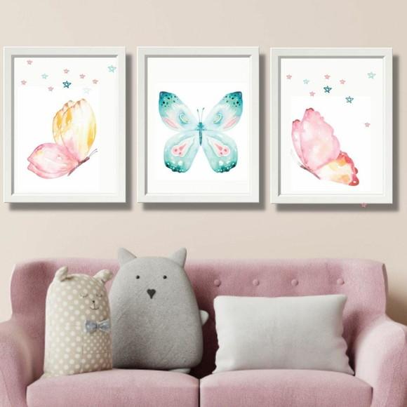 quadros para quarto de menina borboletas moldura branca/vidr