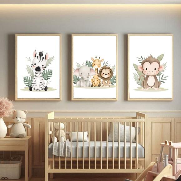 Quadros para Quarto Infantil Safari Zebra Macaco com Vidro