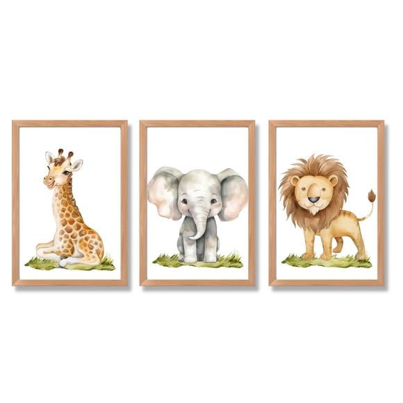 Quadros Safari Aquarela Quarto Infantil Leão Elefante 33x43