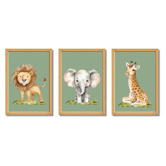 Quadros Safari Fundo Verde Decoração Infantil 23x33 c/ Vidro