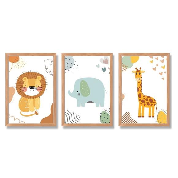 Quadros Safari Leao Elefante Girafa Minimalista 23x33 cm