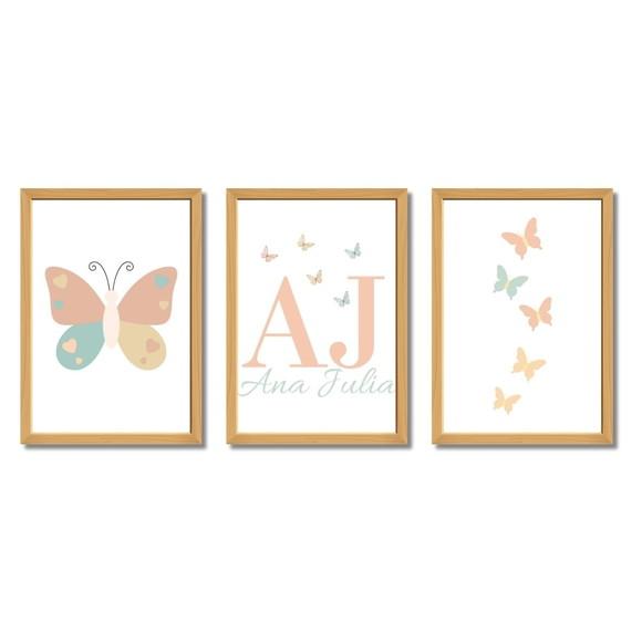 Trio Quadros Borboleta com Nome Quarto Menina Moldura/vidro