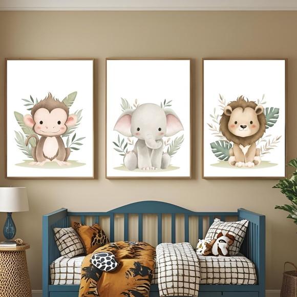 Trio de Quadros Infantil Safari - Madeira Pinus com Vidro