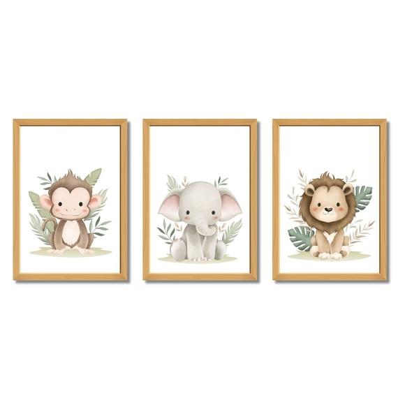 Trio de Quadros Infantil Safari - Madeira Pinus com Vidro