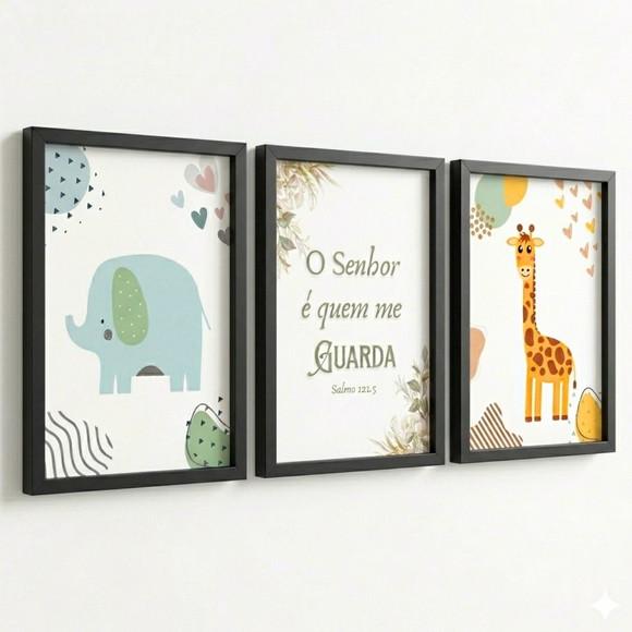 Trio Quadros Infantis Animais Frase Bíblica Moldura e Vidro