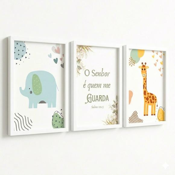 Trio Quadros Infantis Animais Frase Bíblica Moldura e Vidro