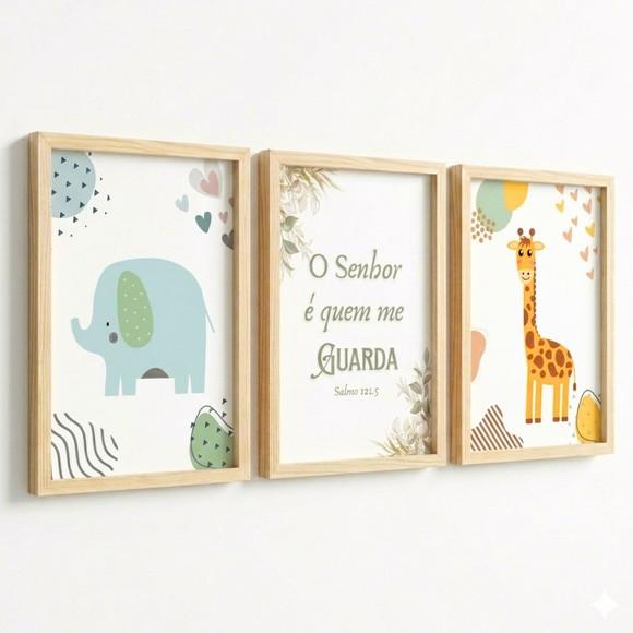 Trio Quadros Infantis Animais Frase Bíblica Moldura e Vidro