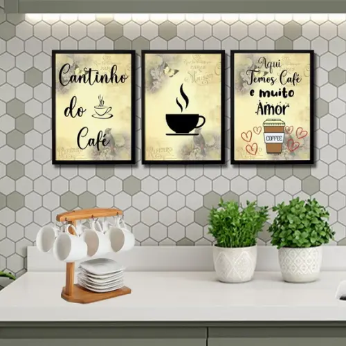 3 Quados Cantinho do Café com Frases Amor Moldura c/ Vidro