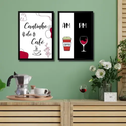 2 Quadros Cantinho do Café Bar 20x30 c/ Moldura e Vidro