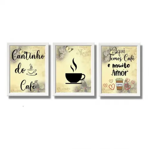 3 Quados Cantinho do Café com Frases Amor Moldura c/ Vidro