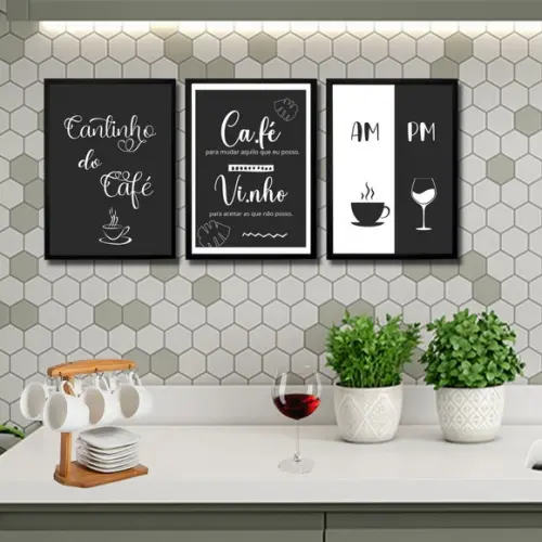 3 quadros cantinho do café bar 20x30 c/ moldura/vidro am pm