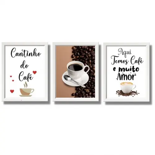 3 Quadrinhos para Cantinho do Café com Frase Café e Amor