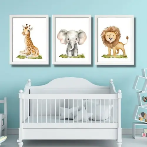 3 Quadro Bebe Safari Quarto de Menino e Menina Moldura 33x43