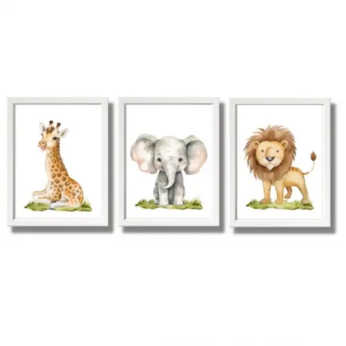 3 Quadro Bebe Safari Quarto de Menino e Menina Moldura 33x43