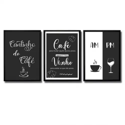 3 quadros cantinho do café bar 20x30 c/ moldura/vidro am pm