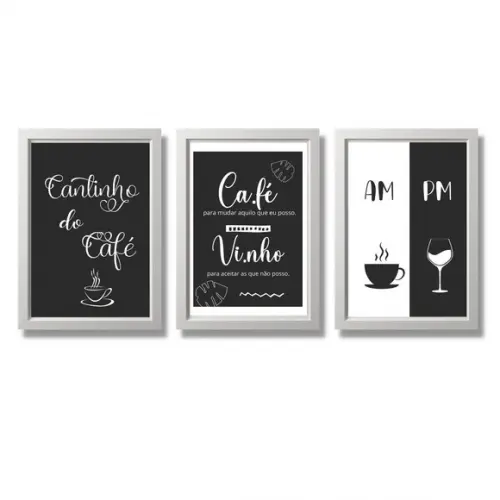 3 quadros cantinho do café bar 20x30 c/ moldura/vidro am pm