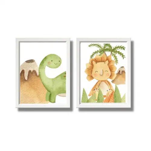 Conjunto 2 Quadros Dino Baby Quarto de Menino 33x43cm