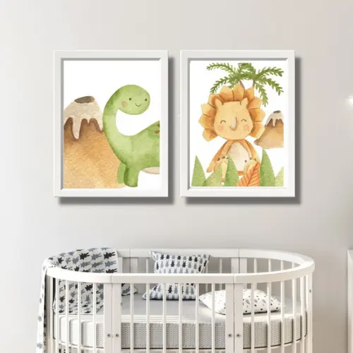Conjunto 2 Quadros Dino Baby Quarto de Menino 33x43cm