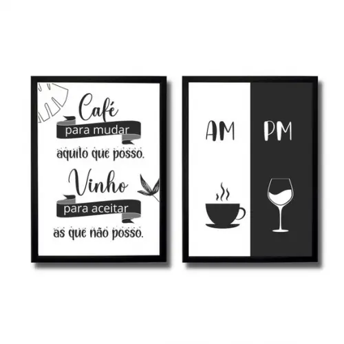 conjunto 2 quadros cantinho do café bar vinho moldura am pm