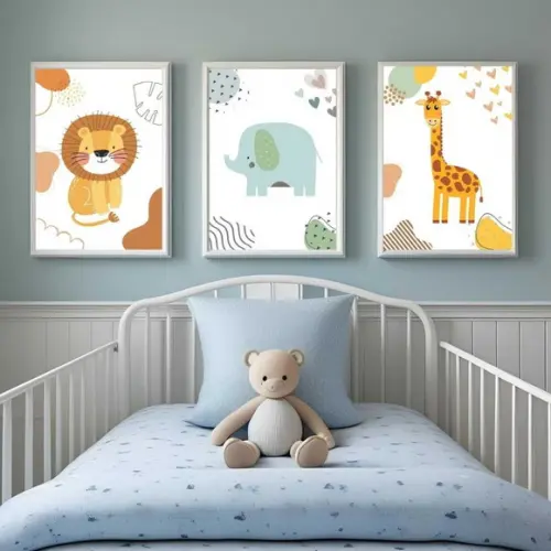 Conjunto 3 Quadros Safari Minimalista Infantil Moldura 33x43