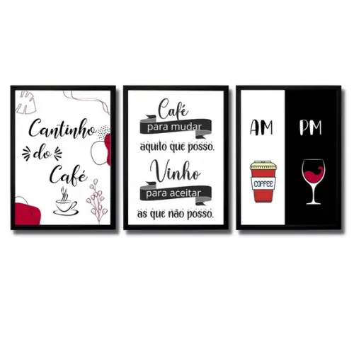 Conjunto 3 Quadros Cantinho do Café Bar Vinho com Moldura