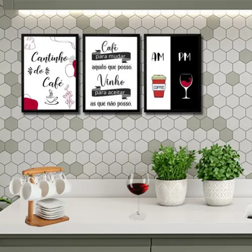 Conjunto 3 Quadros Cantinho do Café Bar Vinho com Moldura