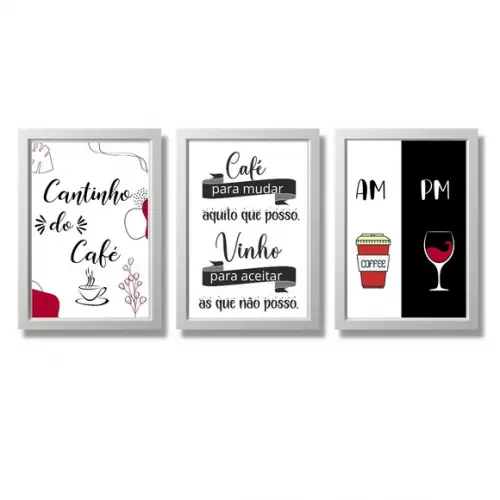 Conjunto 3 Quadros Cantinho do Café Bar Vinho com Moldura