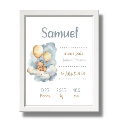 Editar Quadro de Nascimento Azul Bebe Menino Moldura 33x43
