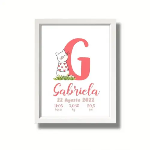Editar Quadro de Nascimento Gatinha Moldura com Vidro 33x43