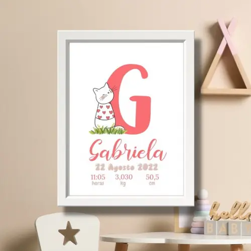 Editar Quadro de Nascimento Gatinha Moldura com Vidro 33x43
