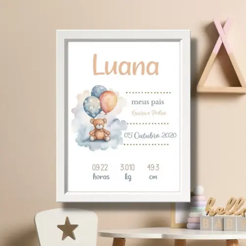 Editar Quadro de Nascimento Quarto de Bebe Urso Balão 33x43
