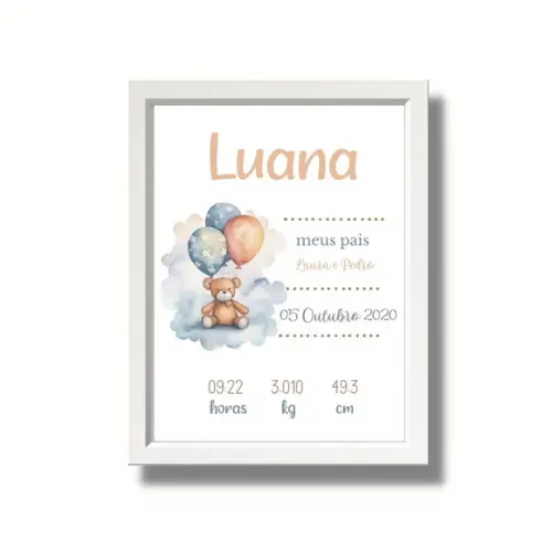 Editar Quadro de Nascimento Quarto de Bebe Urso Balão 33x43