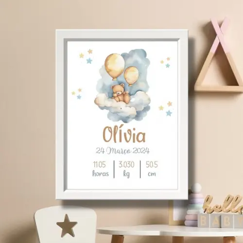 Editar Quadro de Nascimento Quarto de Menina Moldura 33x43cm