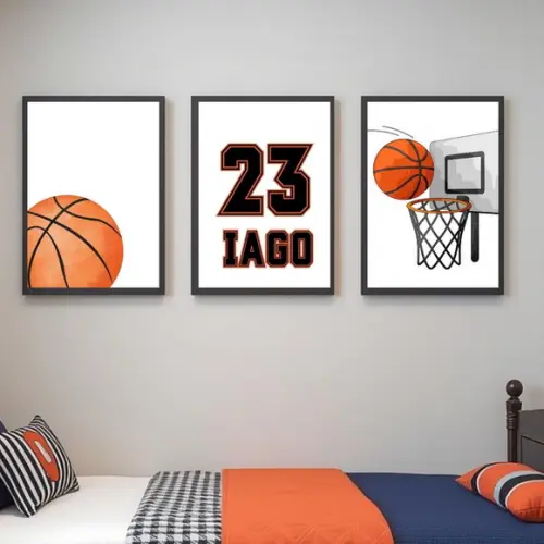 Jogo de Quadros Basquete Decoração Moderna Moldura Madeira