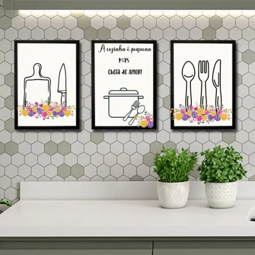 Jogo de Quadros Decorativo p/ Cozinha Moldura/vidro 20x30cm