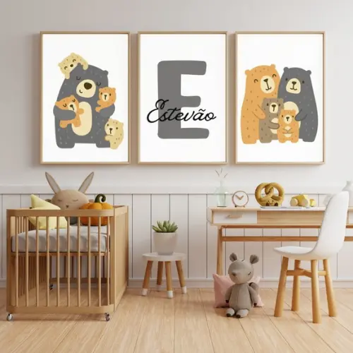 Jogo de Quadros Urso Estilo Escandinavo Infantil com Vidro