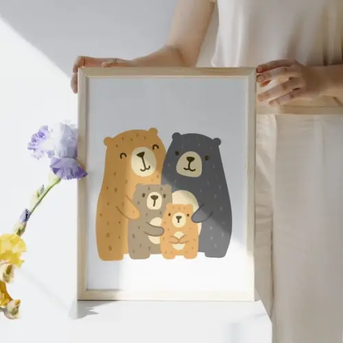 Jogo de Quadros Urso Estilo Escandinavo Infantil com Vidro