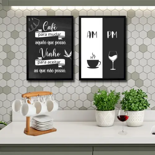 Kit 2 Quadros Cantinho do Café Bar Vinho Taça 30x40 c/ Vidro