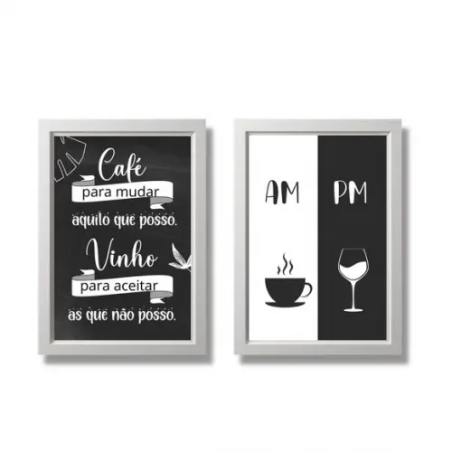 Kit 2 Quadros Cantinho do Café Bar Vinho Taça 30x40 c/ Vidro