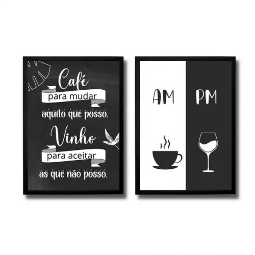 Kit 2 Quadros Cantinho do Café Bar Vinho Taça 30x40 c/ Vidro