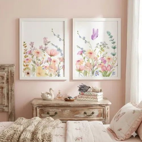 Kit 2 Quadros Decorativo Floral Delicado Moldura com Vidro