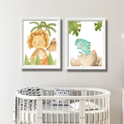 Kit 2 Quadros Decorativos Infantil Dinossauro 23x33 Moldura