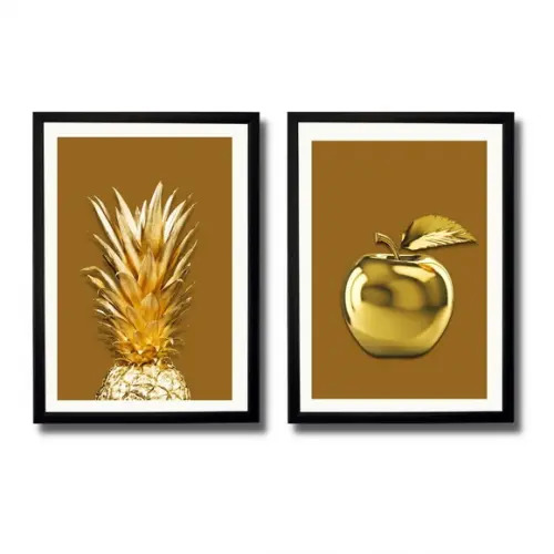 Kit 2 Quadros Decorativos para Cozinha Frutas Douradas 33x43
