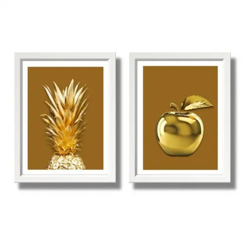 Kit 2 Quadros Decorativos para Cozinha Frutas Douradas 33x43