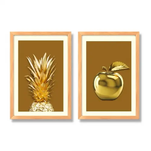 Kit 2 Quadros Decorativos para Cozinha Frutas Douradas 33x43