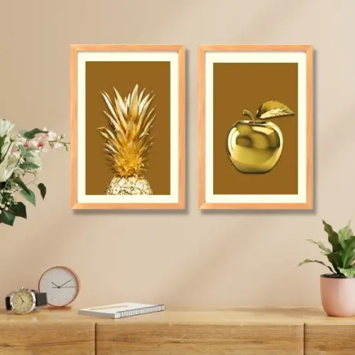 Kit 2 Quadros Decorativos para Cozinha Frutas Douradas 33x43
