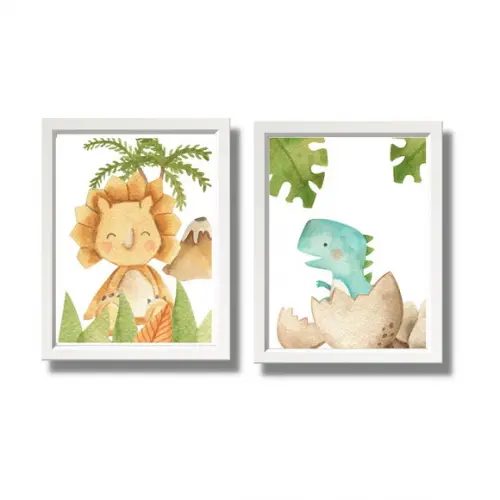 Kit 2 Quadros Dino Baby Quarto de Menino 33x43cm