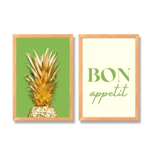 Kit 2 Quadros para Cozinha Gourmet Bon Apetit 33x43 c/ Vidro