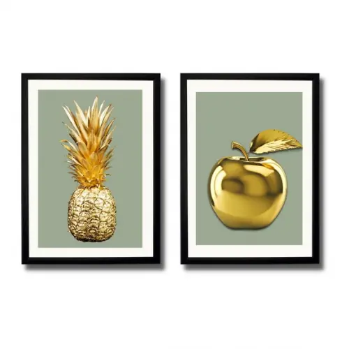 Kit 2 Quadros para Cozinha Moderna Frutas Abacaxi 33x43cm