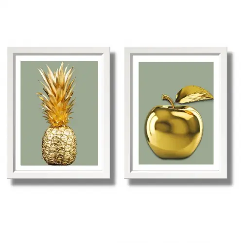 Kit 2 Quadros para Cozinha Moderna Frutas Abacaxi 33x43cm